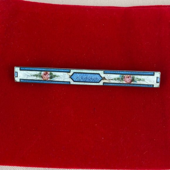 Pink Flowers Guilloche Enameled Sterling Bar Pin - Picture 1 of 6